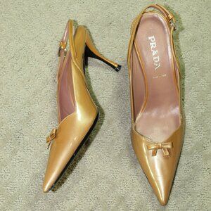 Prada Women's Size 7 / 37.5 Gold Patent Leather 3"  Kitten Heel Bow Slingback